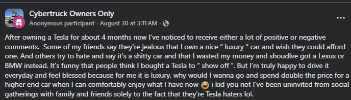 A person expresses mixed reactions to owning a Tesla, sharing feelings of pride, social challenges, and the joy of driving their vehicle.