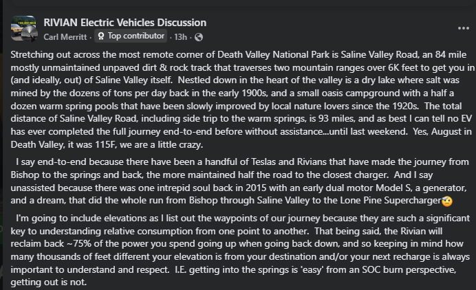 A post discussing an adventurous journey through Saline Valley, Death Valley, highlighting electric vehicle travel challenges and experiences.