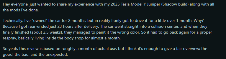 A user shares their experience with their 2025 Tesla Model Y Juniper, detailing issues faced after a collision shortly after delivery.