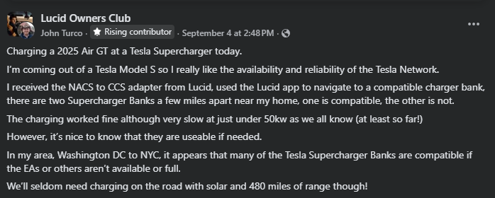 A user shares their experience charging a 2025 Lucid Air GT at a Tesla Supercharger, discussing adapter compatibility and charging efficiency.