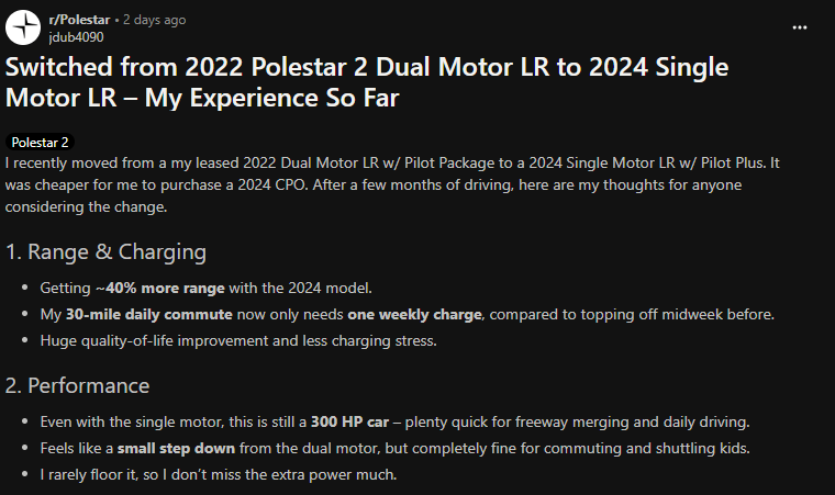 User shares their experience switching from a 2022 Polestar 2 Dual Motor LR to a 2024 Single Motor LR, highlighting range and performance improvements.