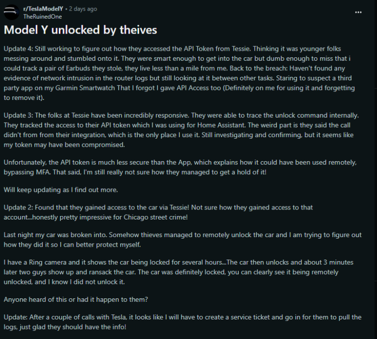 Reddit post discussing a Tesla Model Y theft where thieves remotely unlocked the car utilizing a compromised API token.