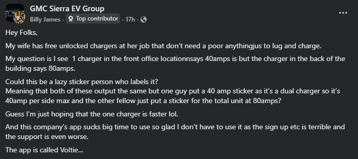 Screenshot of a forum post discussing confusion around EV charger labels, with user expressing frustration about charging speeds and app usability.