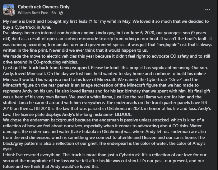 A heartfelt post featuring a Cybertruck wrapped in Minecraft-themed designs, honoring the creator's late son, Andy, and his interests.