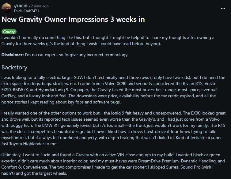 A Reddit post discussing a user's three-week experience with the Gravity electric SUV, detailing its features and comparison with other models.