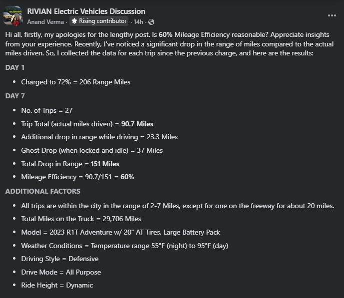 Screenshot of a Facebook post discussing mileage efficiency of a Rivian electric vehicle, detailing trip data and factors affecting range.