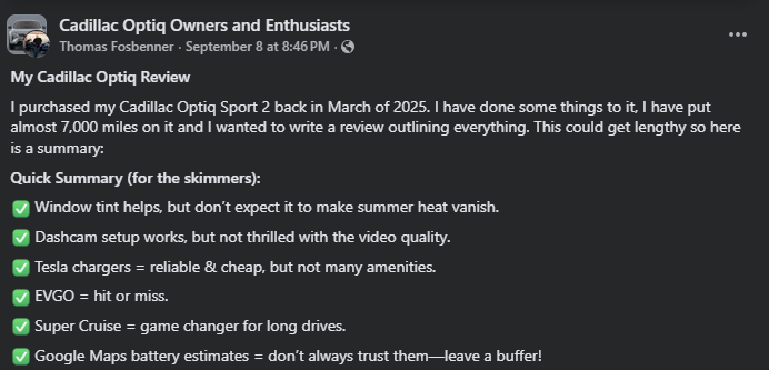 A user review of the Cadillac Optiq Sport 2 highlights features like window tint, Super Cruise, and charging experiences.