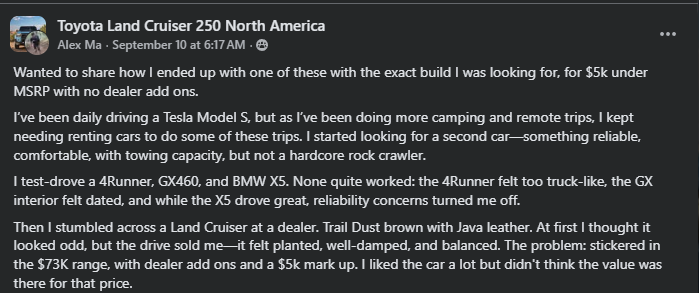 User shares experience purchasing a Toyota Land Cruiser, emphasizing comfort, reliability, and dealer pricing challenges.