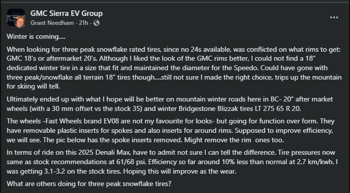 A winter tire discussion in a GMC Sierra EV group, focusing on snowflake-rated tires for better mountain driving performance.