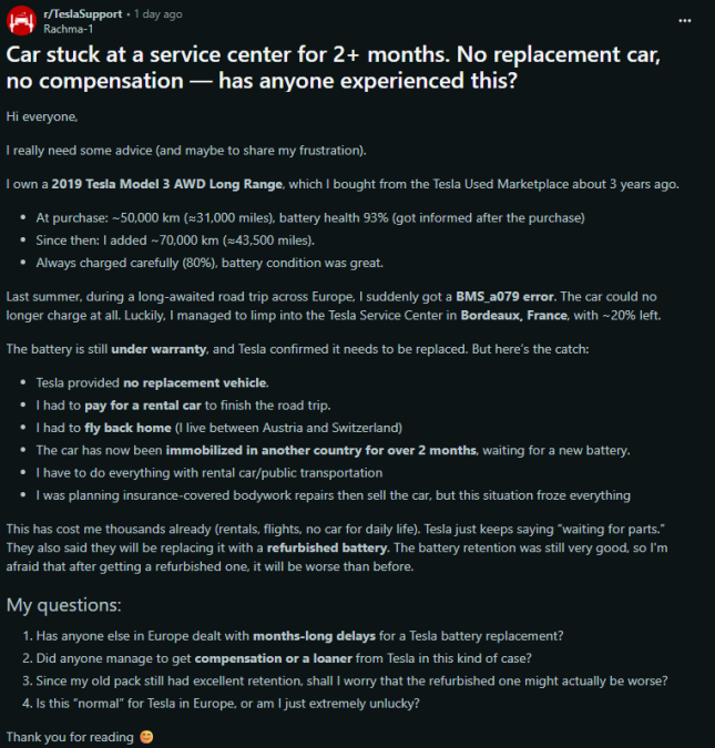 Frustrated Tesla owner shares experience of waiting over 2 months for a battery replacement with no compensation or rental vehicle provided.