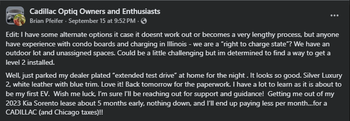 A Facebook post sharing excitement about a Cadillac Lyriq test drive, discussing EV charging challenges and upcoming paperwork.