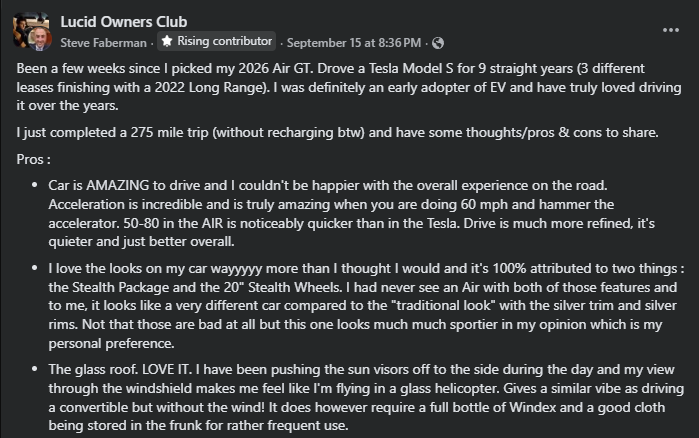A post from the Lucid Owners Club sharing a member's positive reflections on their new Lucid Air GT and comparing it to a Tesla Model S.