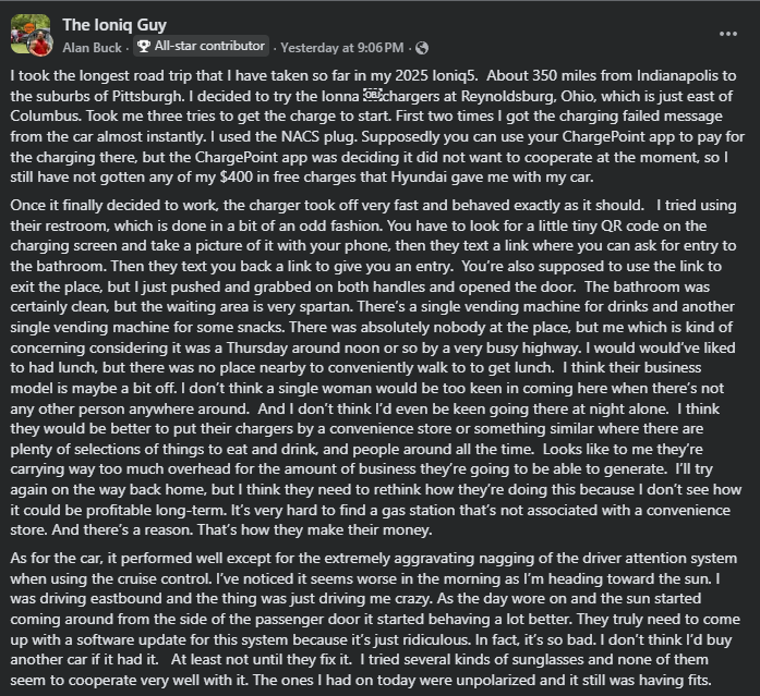 A person reviews their experience using an electric vehicle charger, highlighting issues with access, amenities, and user interface.