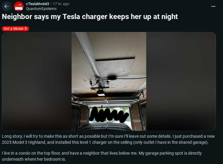 Image of a garage ceiling with a Tesla charger installed, captioned about a neighbor's complaint regarding nighttime noise.