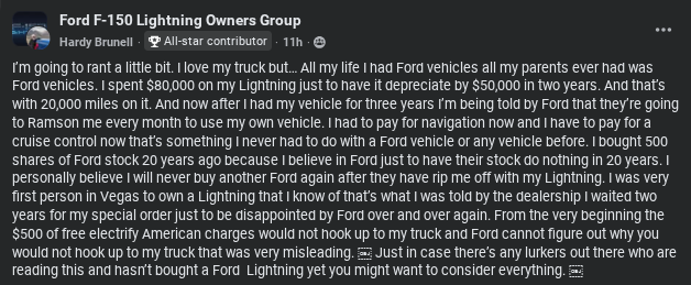 A frustrated Ford F-150 Lightning owner shares his disappointment with vehicle depreciation, service issues, and misleading dealership practices.