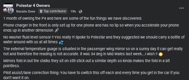 User shares experiences owning a Polestar 4, highlighting quirks like a faulty temperature gauge, phone charger limitations, and lane assist issues.