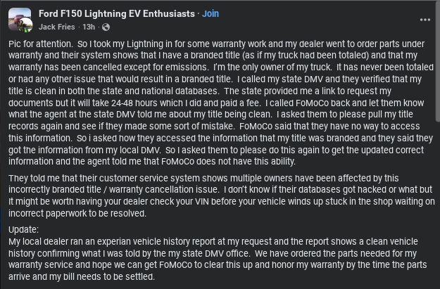 A Facebook post detailing a warranty issue with a Ford Lightning, discussing DMV title confusion and the need for updated vehicle records.