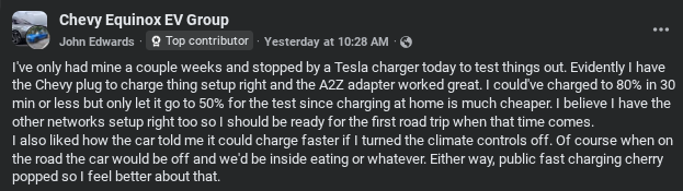 User shares experience testing Chevy Equinox EV charging at a Tesla station, noting compatibility and faster charging options.