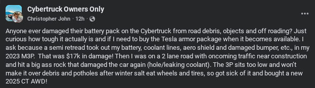 A Facebook post asking Cybertruck owners about their experiences with vehicle damage from road debris and recommending the Tesla armor package.
