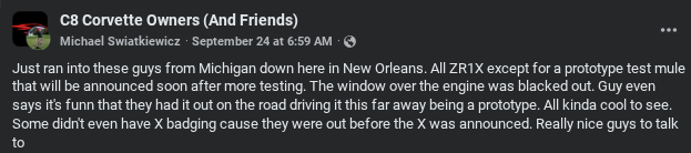 A group of Corvette enthusiasts discusses a ZR1X prototype in New Orleans, showcasing camaraderie and excitement for upcoming models.
