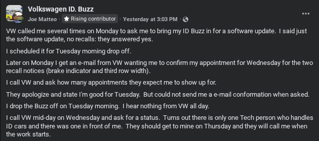 A Facebook post detailing a user's frustrating experience with Volkswagen service for their ID Buzz software update and appointment confusion.