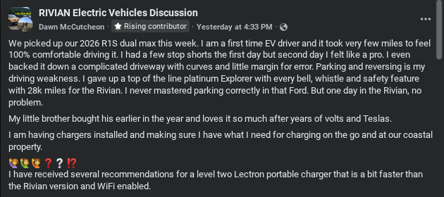 A user shares their experience as a new Rivian EV driver, discussing challenges, charger installation, and family satisfaction with electric vehicles.