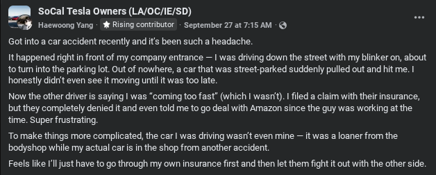 A person shares their frustrating experience of a recent car accident, detailing issues with insurance claims and vehicle ownership confusion.