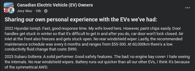 A post detailing personal experiences with a 2022 Hyundai Ioniq 5 and 2023 Subaru Solterra, highlighting pros and cons of each EV.