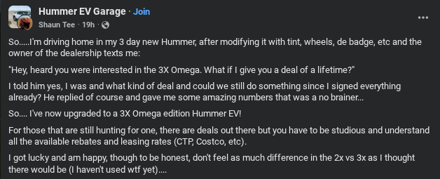 A person shares their excitement about upgrading to a 3X Omega edition Hummer EV after a great offer from the dealership owner.