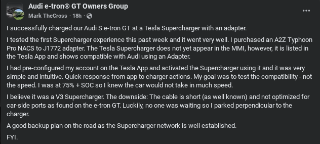 A user shares their experience charging an Audi e-tron GT at a Tesla Supercharger using an adapter, noting compatibility and speed.