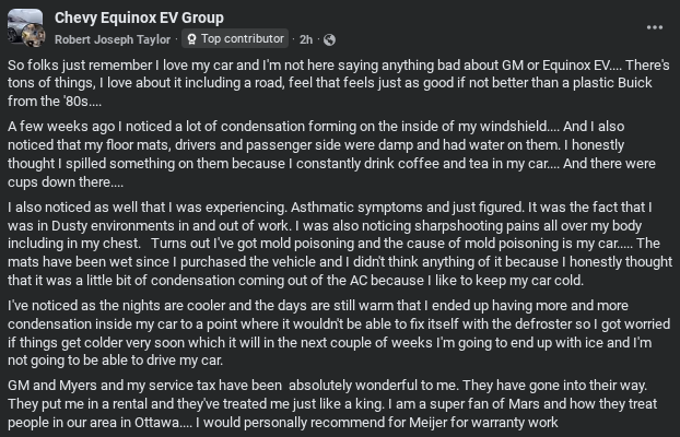 A Facebook post from Robert Joseph Taylor discussing condensation issues in his Chevy Equinox EV, alongside service experiences and health concerns.