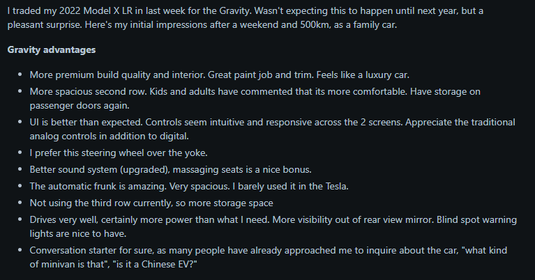 Text on a dark background detailing the author's positive impressions of the Gravity car after trading their Tesla Model X LR.