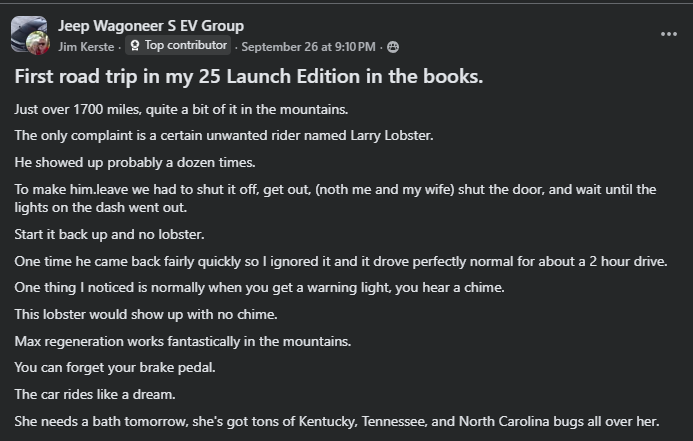 A Facebook post detailing a road trip in a Jeep Wagoneer S, mentioning issues with a &quot;unwanted rider&quot; named Larry Lobster.