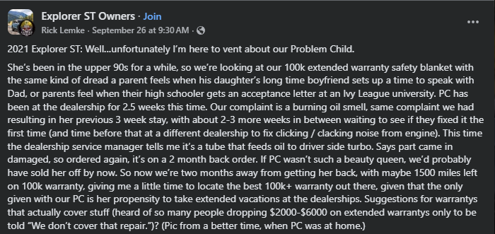 A frustrated car owner shares their lengthy experience with a problematic 2021 Explorer ST at the dealership, seeking warranty advice.