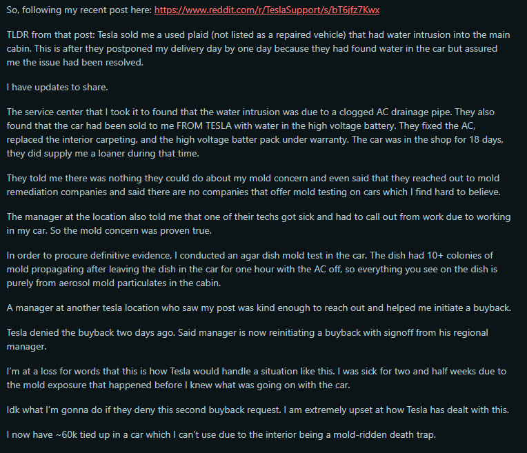 Text from a Reddit post detailing a Tesla owner's struggle with mold issues and a failed car buyback attempt after water intrusion.