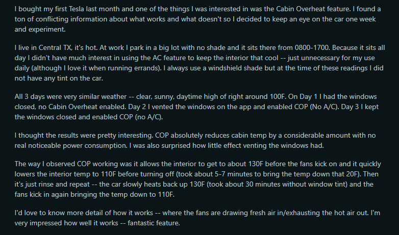 A person shares their observations and experiences with Tesla's Cabin Overheat feature while parked in hot Texas weather.
