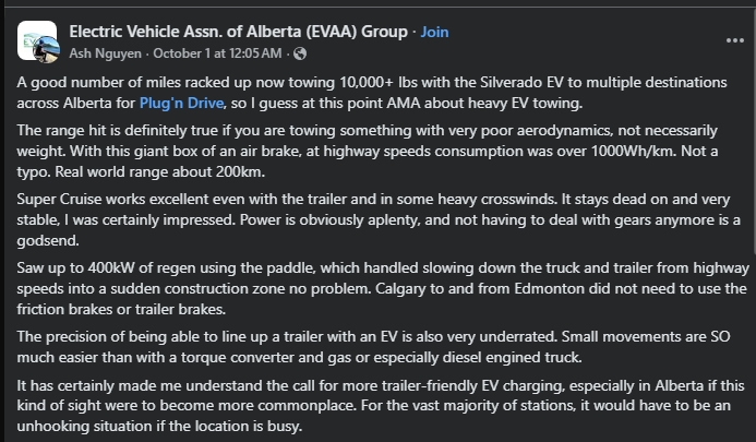 User shares towing experience with a Silverado EV, highlighting power efficiency and the benefits of Super Cruise technology while trailering.