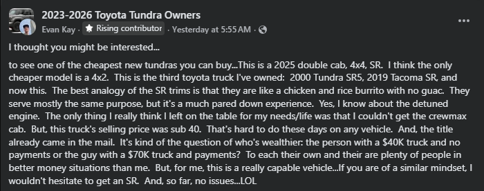 Screenshot of a forum post discussing the value and experience of owning a 2025 Toyota Tundra SR double cab 4x4 truck.