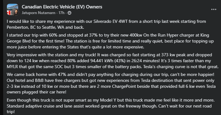 A user shares their positive experience charging their Silverado EV 4WT on a road trip from Pemberton to Seattle, highlighting impressive charging speed.