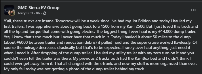 Text post from GMC Sierra EV Group discussing the author’s experience with their new electric truck, hauling trailers efficiently.