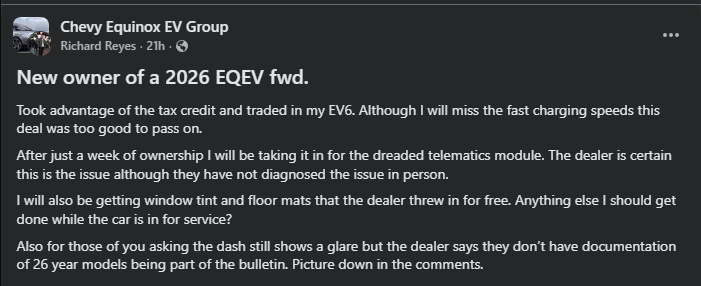 A Facebook post announcing the new owner of a 2026 Chevy Equinox EV, discussing trade-in, issues, and dealer upgrades.