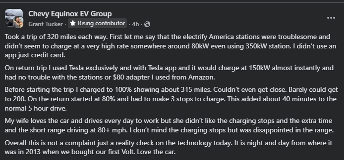 A person shares their experiences with electric vehicle charging on a long trip, highlighting challenges and comparing different charging networks.