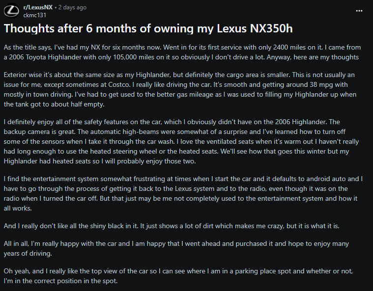 A user shares insights about their Lexus NX350h after six months of ownership, highlighting its features, driving experience, and tech frustrations.