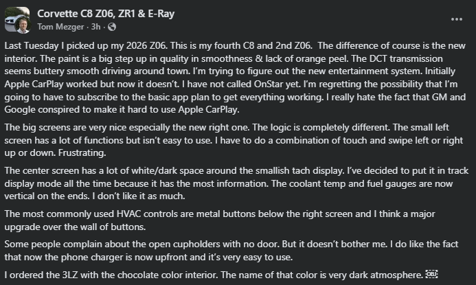 A person shares their experience with a 2026 Chevrolet Corvette Z06, discussing interior features and technology frustrations.