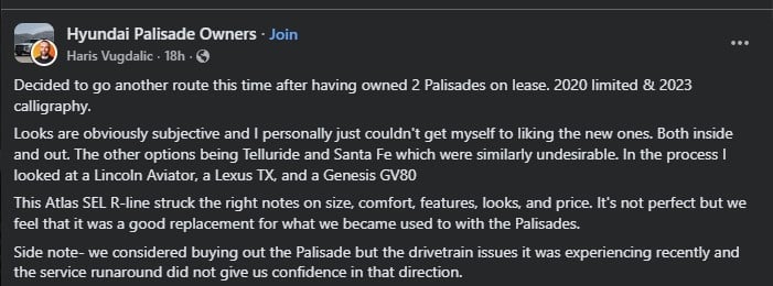 A user discusses their experience with leasing two Hyundai Palisades and their decision to consider an Atlas SEL R-line instead.