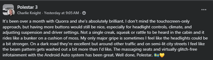 A user praises the Polestar 3 for its brilliant features, including massaging seats and Android Auto, while suggesting improvements for headlights.