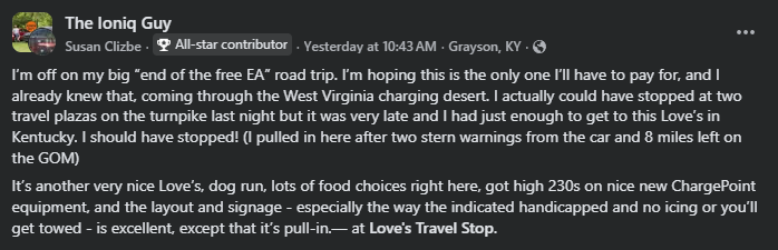 A traveler shares their experience at Love's Travel Stop in Grayson, KY, highlighting food options, charging equipment, and layout.