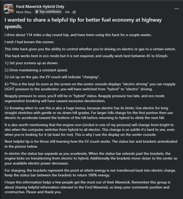 Image of a Facebook post by Mark Riley sharing fuel economy tips for Ford Maverick Hybrid drivers, outlining electric vs. gas driving strategies.