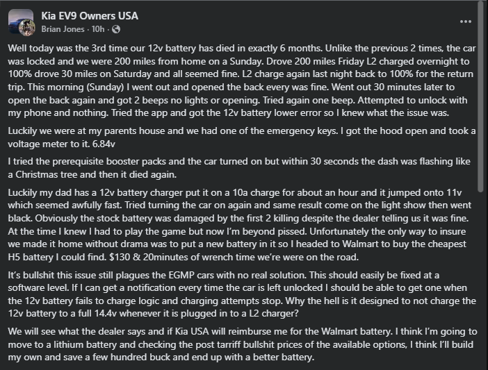 User shares frustrations about their Kia EV9's recurring 12v battery failures and attempts to troubleshoot and replace it.