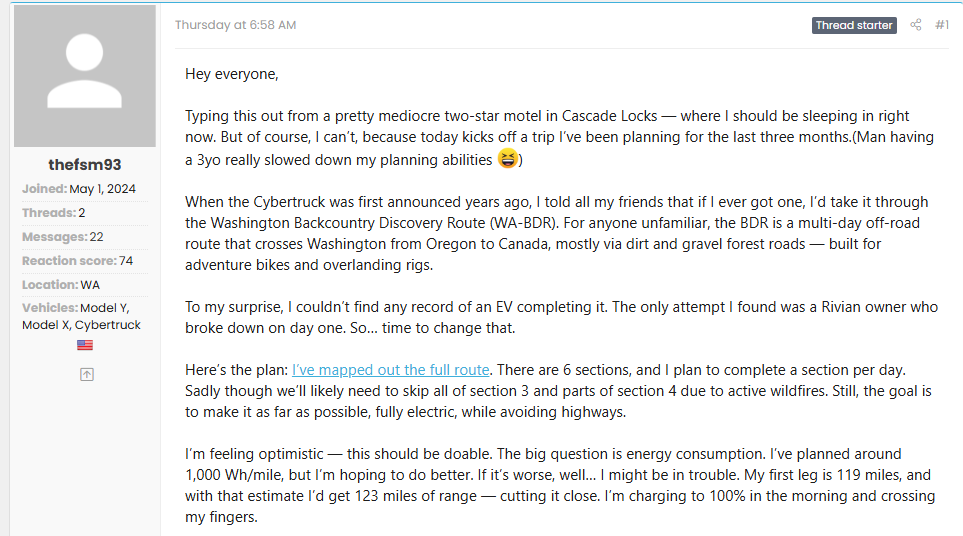 A forum post by user thefsm93 discussing an electric vehicle trip on the Washington Backcountry Discovery Route from a motel in Cascade Locks.